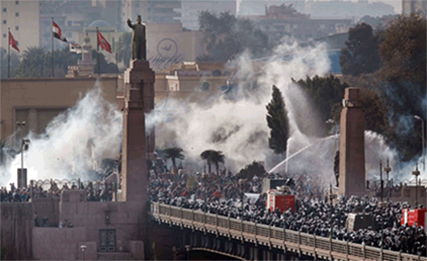 Cairo demonstration crossing bridge amid tear gas and water cannons